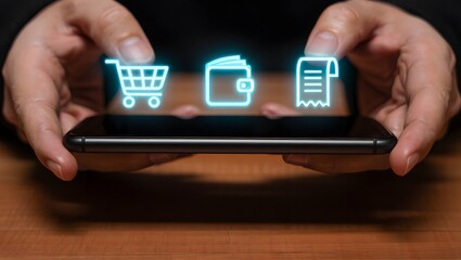 Hands holding smartphone displaying glowing shopping cart wallet and receipt icons
