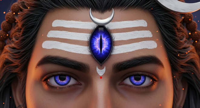 Lord Shiva intense gaze, violet eyes and third eye on sacred ash‑painted forehead, crescent moon hair &ndash; powerful Hindu god portrait illustration