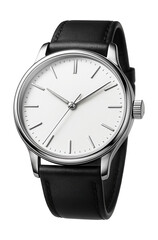 Sleek automatic watch featuring a white dial and slim black leather strap.