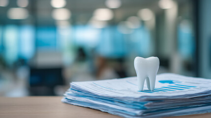 Tooth model on top of stacked invoices and insurance paperwork, blurred dental office in background, highlighting business planning in dentistry