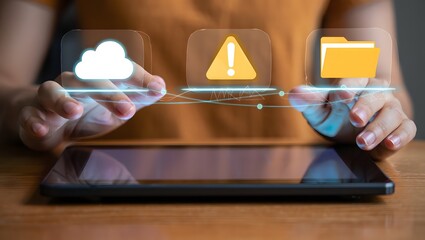 Person interacting with digital icons for cloud storage security and data management
