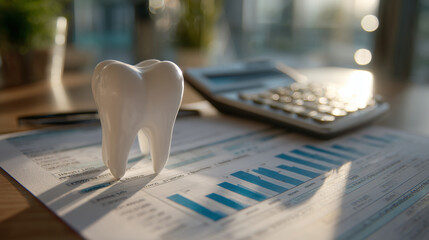 Fototapeta na wymiar Tooth model atop invoices and budget sheets, sunlight reflecting off desk surface, emphasizing organized dental business workflow
