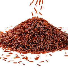 Fototapeta premium Close-up of a mound of red rice, with some grains falling from above, on black