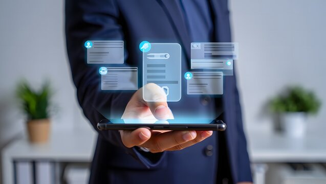 Businessman interacting with holographic digital interface on a smartphone