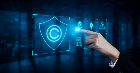 Digital copyright protection system showing secure ownership, intellectual property rights, content verification, and legal warning icons for creators and publishers Vouch