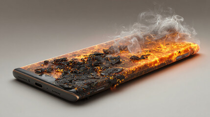A modern smartphone with a scorched melted casing emitting smoke on a neutral background illustrating the concept of unexpected device overheating and safety risks related to