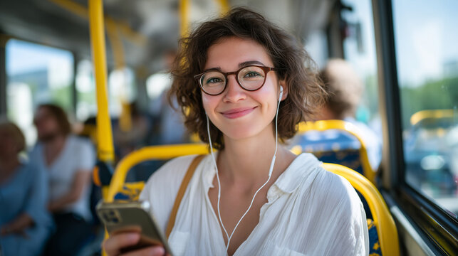 Cheerful woman enjoying entertainment on smartphone, city bus interior lit with natural sunlight, passengers in soft focus - Powered by Adobe