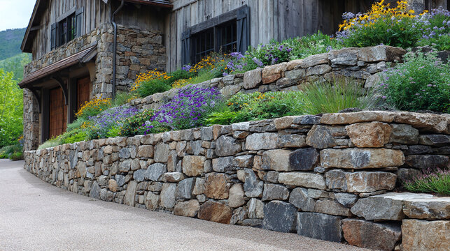 Rustic local stones stacked precisely to form a durable drystack retaining wall along a country driveway slope.