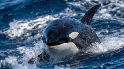 Obraz premium Close-up of killer whale surfacing, water cascading down face, intense eyes focused forward, foamy waves around