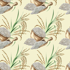 Seamless pattern of rice stalks, wooden bowls with rice, and scoops. Hand-drawn watercolor illustration. Element of label design, menus, recipes, and cookbooks, as well as packaging.