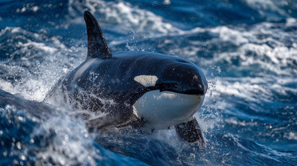 Obraz premium Killer whale approaching with mouth slightly open, splashing water creating dynamic motion, clear sunlight on wet skin