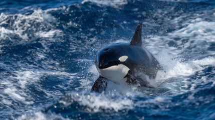 Killer whale frontal approach breaking through waves, splashes frozen mid-air, deep blue sea background