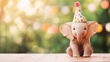Cute baby elephant in a party hat celebrating a joyful birthday party outdoors
