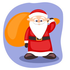 Adorable cartoon Santa with orange sack on blue background. Great for Christmas cards, posters, invitations, stickers and festive digital art.