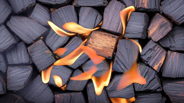 Charcoal fire flame heat ember wood texture closeup fuel glows warmly with vivid orange light, dynamic energy, rustic mood charcoal wood texture