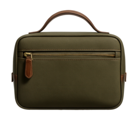 Olive green canvas toiletry bag with leather details and a durable handle.