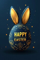 Decorative Easter egg with glowing gold bunny ears on dark blue background