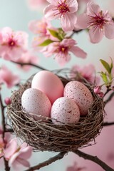 Easter Bird Nest with Painted Eggs and Pink Blossoming Flowers