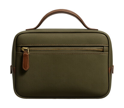 Olive green canvas toiletry bag with leather details and a durable handle.