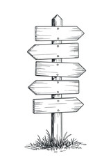 Wood Signpost Outline Sketch Illustration of Direction Arrows