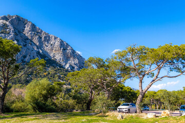 A scenic picnic park under pine trees with parked cars, framed by the rugged Taurus Mountains under a clear blue sky on a sunny winter day. Antalya, Turkey.

