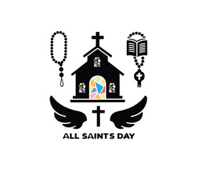 All Saints Day Church Vector Icon – Christian Cross, Wings, and Rosary Design
