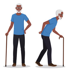 Elderly Black Man Character Walking With A Cane Vector Illustration
