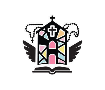 All Saints Day Church Vector Icon – Christian Cross, Bible, Rosary, and Wing Design