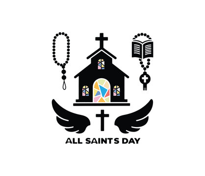 All Saints Day Church Vector Icon – Christian Cross, Wings, and Rosary Design