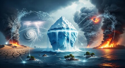 Fototapeta premium Climate Change Catastrophe - Iceberg Amidst Fire and Tornadoes.
