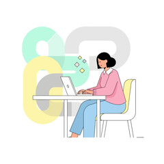 A woman is sitting at a desk, working on a laptop, with abstract shapes in the background.