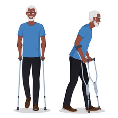 Elderly Black Man Walking with Forearm Crutches Isolated Vector Illustration