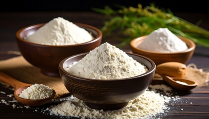 Three bowls of flour on a dark wooden table