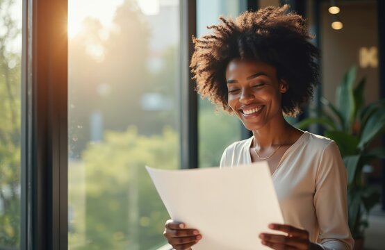 Smiling African American woman reads paper document in modern office by large window. Sun shines brightly outside creating warm atmosphere for work and success.