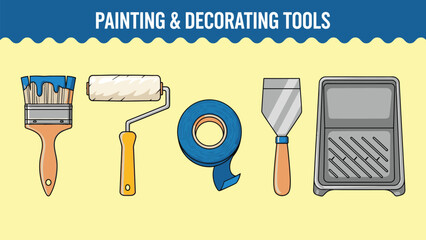 Cartoon illustration of various construction instruments bundle design