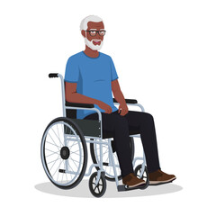 Senior Black Man with Grey Hair Sitting On Wheelchair Vector Cartoon Character Illustration