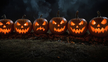 Fila di sei Jack-o'-lantern spaventose e illuminate con fumo in una notte di Halloween.