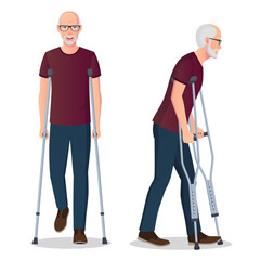 Elderly Man Walking with Crutches Isolated Cartoon CharacterVector Illustration