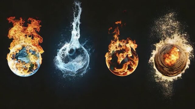 Video clip Four elements of nature - fire, water, earth, air - depicted on a black background