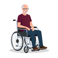 Elderly Man with Grey Hair Sitting On a Wheelchair Vector Illustration