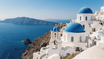 Obraz premium Whitewashed buildings with blue domes on a cliffside, overlooking a tranquil blue sea