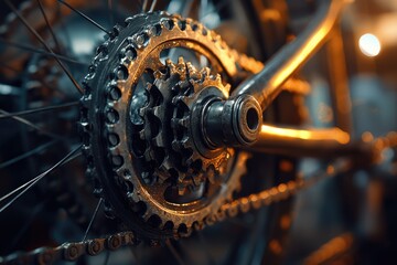 Fototapeta premium A close-up of a bicycle's rear wheel cassette and chain, illuminated by warm, golden light, highlighting intricate mechanical details.