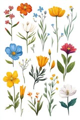Fototapeta premium Illustration of colorful spring flowers arranged on a white background