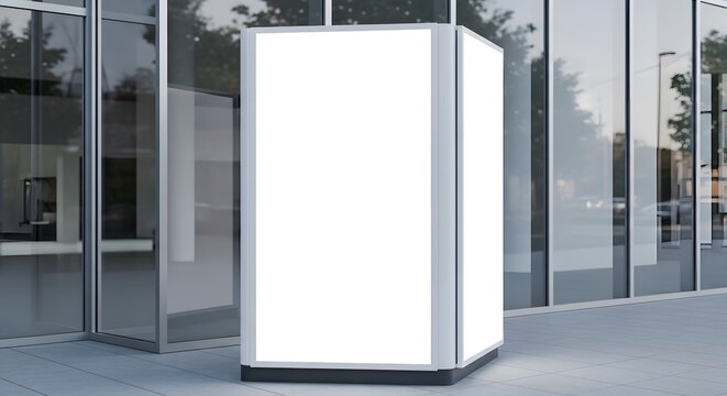 A blank white billboard stands prominently in front of a glass building with an automatic teller machine in the background. The scene captures an urban setting with blurred building background.