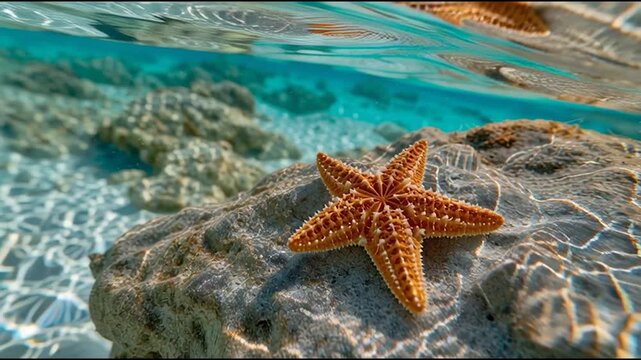A starfish resting on a rock under clear water, showcasing its intricate texture and colors against a vibrant underwater background.
