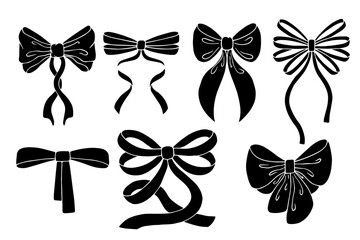 A collection of stamps and silhouettes of festive bows. Vector graphics.