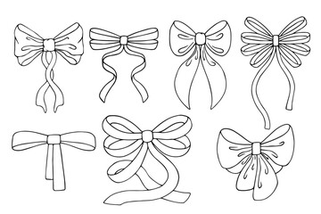 Obraz premium A collection of outlines and line sketches of festive bows. Vector graphics.