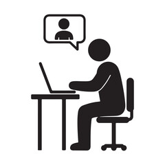 Fototapeta premium Person working at desk with laptop and video call chat bubble symbol.