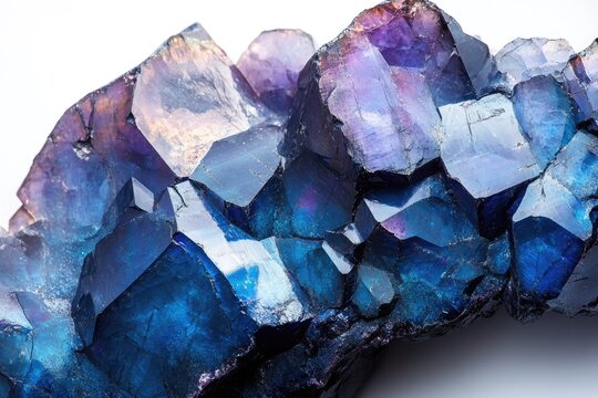 A mesmerizing close-up of an iridescent crystal cluster, displaying vivid blue, purple, and golden hues with sharp, geometric facets.