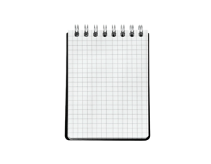 A small, vertical notepad with grid paper, held together by a wire spiral, isolated